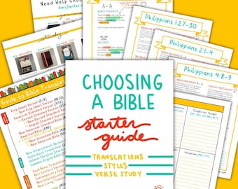 May include: A collection of printed guides and study materials on a yellow background. The central guide, titled "Choosing a Bible Starter Guide," features teal and red lettering. Additional pages detail Bible translations and verses, with handwritten notes and highlighted text.