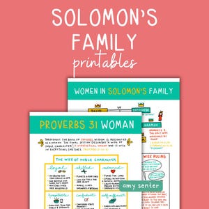 Puede incluir: Materiales educativos imprimibles titulados "Solomon's Family Printables" con información sobre "Women in Solomon's Family" y "Proverbs 31 Woman". El diseño utiliza ilustraciones coloridas y texto escrito a mano sobre un fondo rosa.