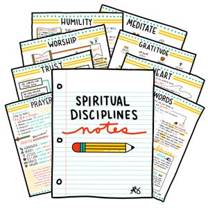Könnte beinhalten: Eine Illustration von Notizen zu spirituellen Disziplinen. Die zentrale Seite zeigt "Spiritual Disciplines Notes" mit einer Bleistiftillustration. Weitere Seiten behandeln Themen wie Demut, Anbetung, Vertrauen, Gebet und Dankbarkeit mit handschriftlichem Text und Grafiken.