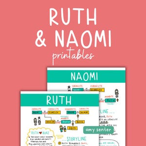 May include: Two printable art pieces with the text "RUTH & NAOMI" in white on a pink background. The prints feature illustrated family trees with names like Naomi, Ruth, and Boaz, and the word "printables".
