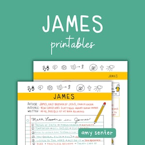 Puede incluir: Un fondo verde azulado con las palabras "JAMES printables" en escritura blanca. Debajo, se ven dos páginas blancas con notas manuscritas e ilustraciones. La página superior tiene la palabra "JAMES" en amarillo. Un lápiz está en la página inferior.
