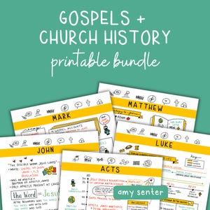 Puede incluir: Un paquete imprimible de notas sobre los Evangelios y la Historia de la Iglesia. El paquete incluye notas sobre Mateo, Marcos, Lucas, Juan y Hechos, con texto e ilustraciones manuscritos. El título "Gospels + Church History printable bundle" está en la parte superior.