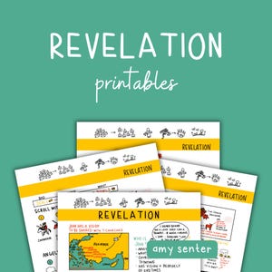 May include: A set of printable study guides titled "REVELATION" in white script on a teal background. The guides contain handwritten notes, illustrations, and the name "amy senter".