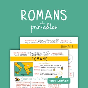 Könnte beinhalten: Ein türkisfarbener Hintergrund mit den Worten "ROMANS printables" in weißer Schrift. Zwei Blätter Papier mit handschriftlichen Notizen über das Buch Römer sind sichtbar. Die Notizen enthalten Text und Illustrationen.