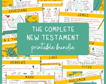 Op de afbeelding: Een verzameling kleurrijke, handgetekende aantekeningen voor bijbelstudie, inclusief kaarten en tekst. De centrale afbeelding luidt "THE COMPLETE NEW TESTAMENT printable bundle". Verschillende boeken van het Nieuwe Testament zijn afgebeeld.