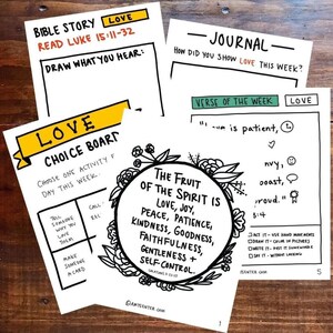 May include: A printable worksheet with a choice board for kids to learn about love. The board has activities like telling someone why you love them, calling a relative, and making someone a card. The worksheet also includes a verse of the week, "Love is patient", and a list of the fruits of the spirit: love, joy, peace, patience, kindness, goodness, faithfulness, gentleness, and self-control.