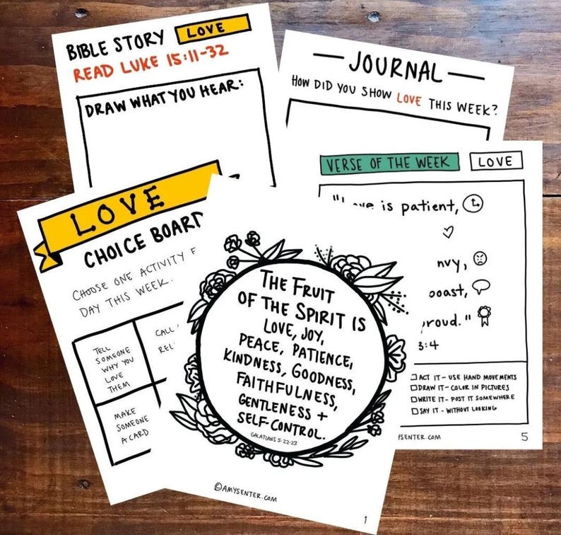May include: A printable worksheet with a choice board for kids to learn about love. The board has activities like telling someone why you love them, calling a relative, and making someone a card. The worksheet also includes a verse of the week, "Love is patient", and a list of the fruits of the spirit: love, joy, peace, patience, kindness, goodness, faithfulness, gentleness, and self-control.