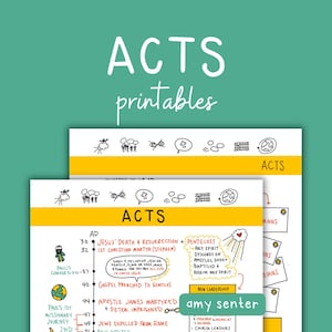 May include: Two printable ACTS charts with a teal background. The top chart has the word "ACTS" in white. The bottom chart has the word "ACTS" in yellow, with illustrations and text detailing key events.