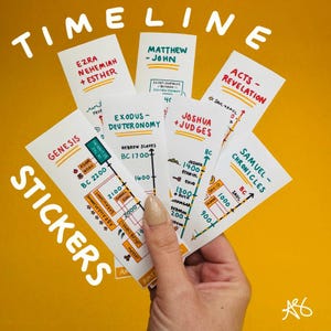 May include: A hand holds a collection of white timeline stickers with handwritten text. The stickers feature titles like "Genesis," "Exodus," and "Acts." The word "TIMELINE" and "STICKERS" are written on the image.