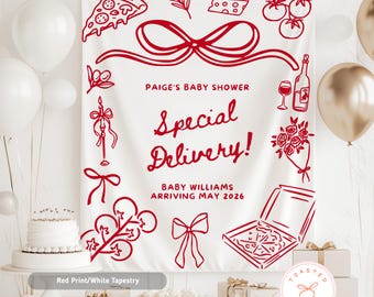 May include: A white tapestry with red illustrations and text for a baby shower. The design includes pizza, tomatoes, a wine bottle, and a pizza box. Text reads "PAIGE'S BABY SHOWER Special Delivery! BABY WILLIAMS ARRIVING MAY 2026."