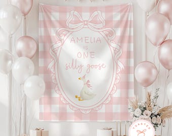 One Silly Goose Banner, One Silly Goose Backdrop, Silly Goose 1st Birthday Tapestry, One Silly Goose Welcome Sign, Gingham Silly Goose Sign