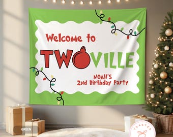 Who is Turning Two Birthday Banner, Christmas 2nd Birthday Decoration, Twoville Second Birthday Tapestry, Xmas Holiday Bday Party Backdrop
