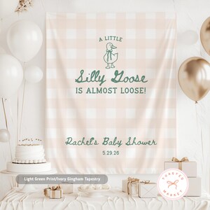 Pu&ograve; includere: Un arazzo a quadretti vichy verde chiaro e avorio con il testo "A LITTLE Silly Goose IS ALMOST LOOSE!" e "Rachel's Baby Shower 5.29.26". Lo sfondo &egrave; decorato con palloncini, una torta e regali.