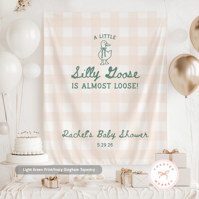 Pu&ograve; includere: Un arazzo a quadretti vichy verde chiaro e avorio con il testo "A LITTLE Silly Goose IS ALMOST LOOSE!" e "Rachel's Baby Shower 5.29.26". Lo sfondo &egrave; decorato con palloncini, una torta e regali.