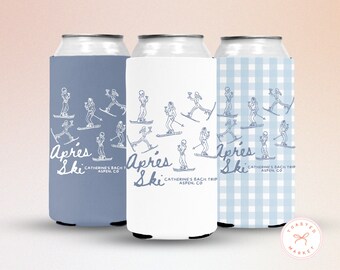May include: Three beverage can coolers in blue, white, and light blue gingham patterns. Each features a line drawing of skiers and the words "Après Ski" and "Catherine's Bach Trip, Aspen, CO."