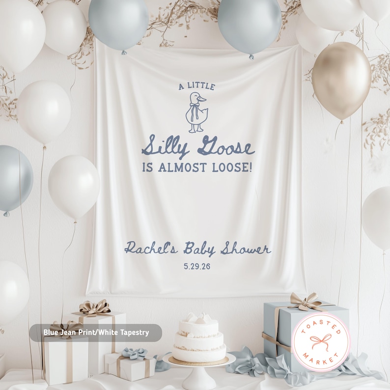 Pu&ograve; includere: Un arazzo bianco con la scritta "A Little Silly Goose Is Almost Loose!" &egrave; il punto focale di questa immagine. L'arazzo &egrave; decorato con un'oca dei cartoni animati e le parole "Rachel's Baby Shower" e la data 5.29.26. Palloncini bianchi e blu circondano l'arazzo.