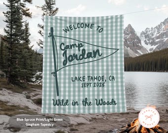 Tapiz personalizado para despedida de soltera, pancarta de acampada familiar personalizada, fondo de fin de semana de chicas, letrero de bienvenida para fiesta de cumpleaños en la montaña