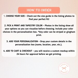 May include: A graphic with the text "HOW TO ORDER" in a peach-colored rectangle. The text below details the ordering process: choose size, pick print and color, add personalization, and add to cart. The Toasted Market logo is at the bottom.