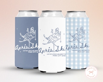 May include: Three can coolers with a ski theme. The coolers are in blue, white, and a blue gingham pattern. Each cooler has a graphic of a person on skis with the words "Aprés Ski" and "Katie's Bachelorette Park City 2025".