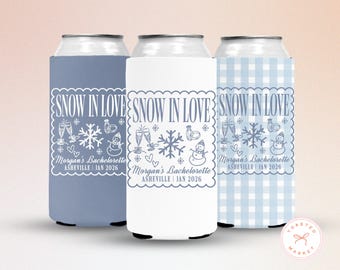 Snow In Love Bachelorette Can Cooler, Personalized Ski Mountain Bachelorette Drink Sleeve, Winter Bach Party Favors
