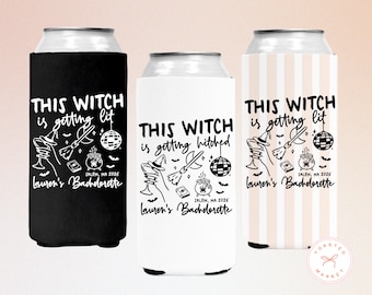 May include: Three can coolers with witch-themed designs. One is black with the text "THIS WITCH is getting lit" and illustrations. Another is white with "THIS WITCH is getting hitched." The third has a striped pattern.