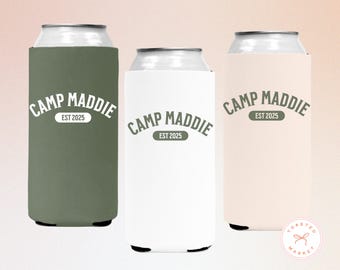 Camp Bachelorette Can Coolers, Personalized Camp Bach Drink Can Sleeves, Camping Bachelorette Party Favors, Girls Weekend Trip