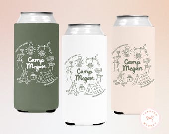 Personalized Camp Bachelorette Can Cooler, Custom Mountain Bachelorette Party Favor, Lake Bach Party Drink Sleeve, Camping Birthday Favor