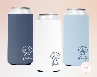 Custom Seashell Bachelorette Can Cooler, Coastal Personalized Can Sleeves, Beach Bachelorette, Girls Trip Party Favors, Bridal Party Gifts