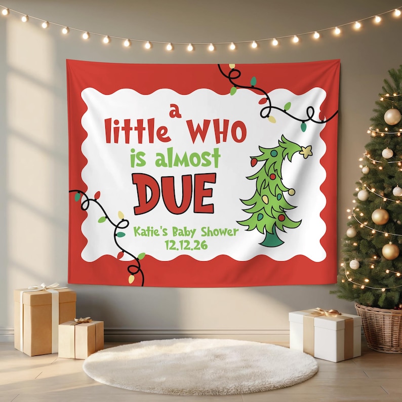 Christmas Baby Shower Backdrop, A Little Who Is Due Holiday Tapestry, Red & Green Candy Cane Baby Shower, Pink Holiday Shower For Baby Red