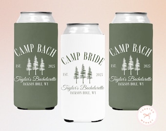 Camp Bachelorette Can Coolers, Personalized Camp Bach Drink Can Sleeves, Camping Bachelorette Party Favors, Girls Weekend Trip
