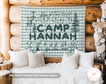 Custom Camp Bachelorette Tapestry, Personalized Family Camping Banner, Girls Weekend Backdrop, Mountain Birthday Party Cabin Welcome Sign