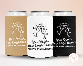 New Year's Bachelorette Party Can Coolers, New Year New Last Name Drink Sleeve, Ringing In The New Year Bridal Shower Favors, NYE Engagement