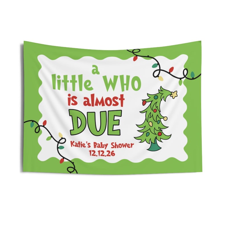 Christmas Baby Shower Backdrop, A Little Who Is Due Holiday Tapestry, Red & Green Candy Cane Baby Shower, Pink Holiday Shower For Baby image 10