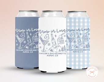 Snow In Love Bachelorette Can Cooler, Personalized Ski Mountain Bachelorette Drink Sleeve, Winter Bach Party Favors