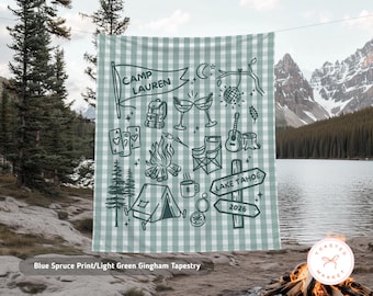 Custom Camp Bachelorette Tapestry, Personalized Family Camping Banner, Girls Weekend Backdrop, Mountain Birthday Party Cabin Welcome Sign