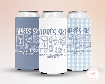 May include: Three can coolers with the text "APRES SKI" and "Sarah's Bachelorette ASPEN 2025". One is light blue, one is white, and one is light blue gingham. Each has a stamp-like design.