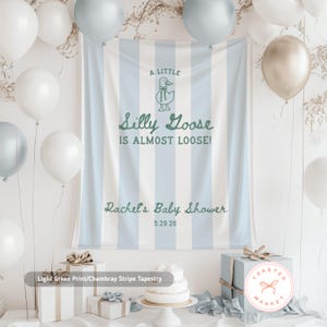 Pu&ograve; includere: Un arazzo a righe verde chiaro e bianco con il testo "A Little Silly Goose Is Almost Loose!" e "Rachel's Baby Shower 5.29.26". La scena comprende palloncini bianchi e argentati, regali e una torta, suggerendo un tema baby shower.