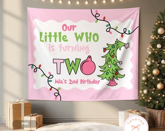 Who is Turning Two Birthday Banner, Christmas 2nd Birthday Decoration, Twoville Second Birthday Tapestry, Xmas Holiday Bday Party Backdrop