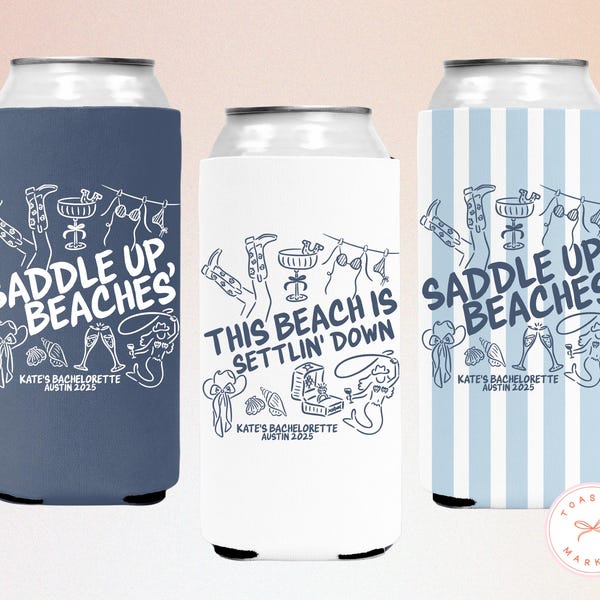 Coastal Cowgirl Bachelorette Can Coolers, Personalized Western Bachelorette Drink Sleeve, Custom Bachelorette Party Favors, Beach Can Holder