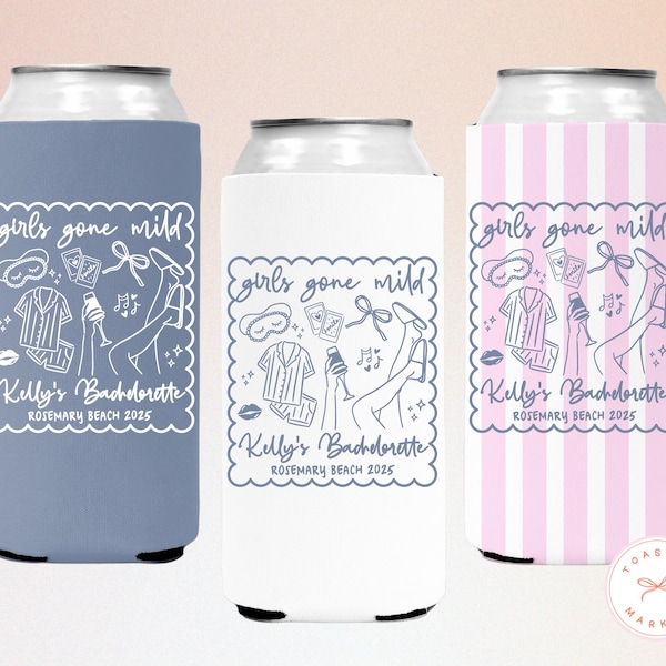Girls Gone Mild Bachelorette Can Coolers, Spa Personalized Can Sleeves, Custom Bachelorette Party Favors, Girls Night In Can Holder