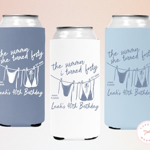 Personalized The Summer I Turned Thirty Birthday Can Coolers, Custom 21st 30th 40th 50th Birthday Drink Sleeves, Coastal Beach Bday Favors