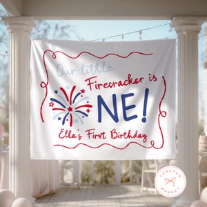 Little Firecracker is Turning One Banner, Fourth of July Birthday Backdrop, Patriotic 1st Birthday Tapestry, All American Kid Birthday Decor