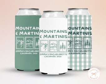 May include: Three can coolers with the text "Mountains & Martinis" and "Emma's Bachelorette Colorado, 2025". The coolers are in green, white, and a green and white checkered pattern. Each cooler has a stamp-like design.