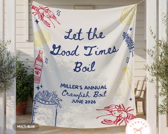 Op de afbeelding: Een witte banner met de tekst "Let the Good Times Boil" en "Miller's Annual Crawfish Boil JUNE 2026". De banner bevat illustraties van rivierkreeften, citroenen en flessen in rood, geel en blauw.