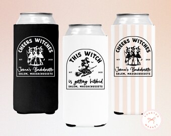 May include: Three can coolers with witch-themed designs. One is black with "Cheers Witches" text and a witch illustration. Another is white with "This Witch is getting hitched" text and a witch on a broom. The third is striped with "Cheers Witches" text.
