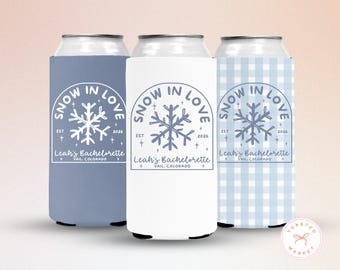 Snow In Love Bachelorette Can Cooler, Personalized Ski Mountain Bachelorette Drink Sleeve, Winter Bach Party Favors