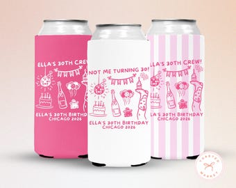May include: Three can coolers in pink, white, and pink striped designs. Each cooler features white line art of party elements like a disco ball, cake, and champagne bottle. Text includes "ELLA'S 30TH BIRTHDAY CHICAGO 2026".