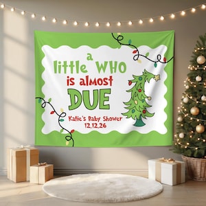 Christmas Baby Shower Backdrop, A Little Who Is Due Holiday Tapestry, Red & Green Candy Cane Baby Shower, Pink Holiday Shower For Baby Green