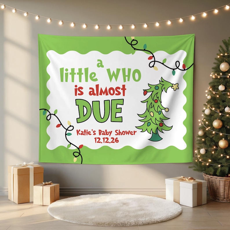 Christmas Baby Shower Backdrop, A Little Who Is Due Holiday Tapestry, Red & Green Candy Cane Baby Shower, Pink Holiday Shower For Baby Green