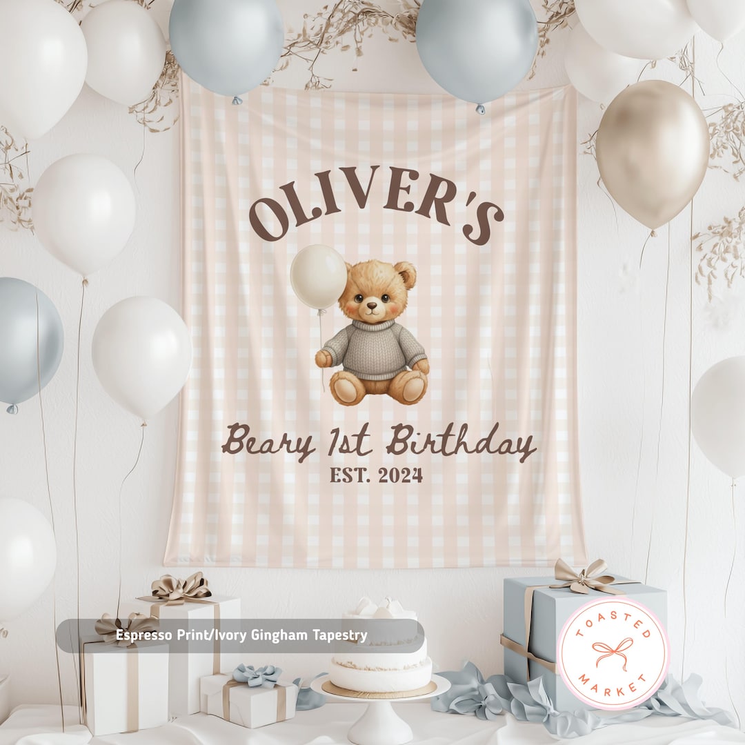 Beary First Birthday Banner, Teddy Bear 1st Birthday Tapestry, Bear ...